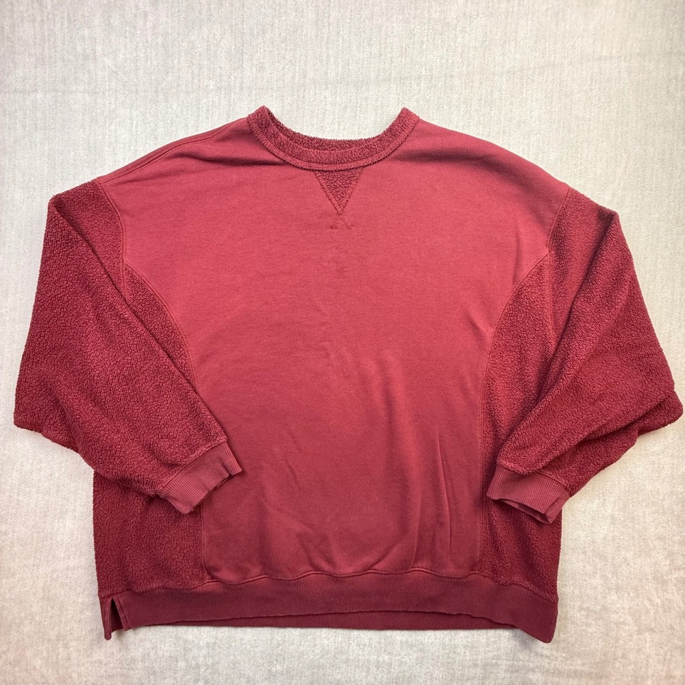 Aerie Oversized‎ Mixed Media Sweatshirt Maroon Burgundy Sherpa Panel Crewneck L